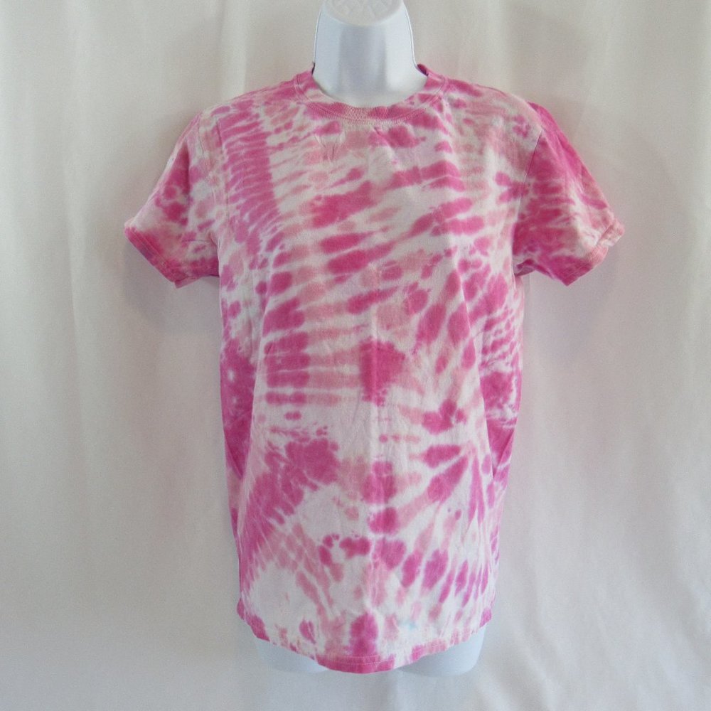 Women's Size S/P 34-36 Pink Tie Dye Cotton T-Shirt Short Sleeve Crew Neck GILDAN